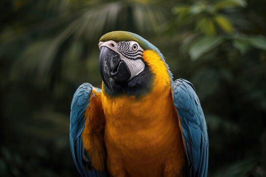 Close-up of a gold and blue macaw with a blurred background - Powered by Adobe