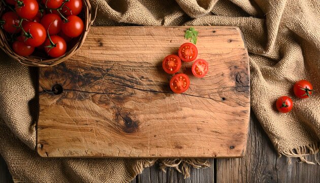 Top view of an aged wooden chopping board on burlap with a basket of fresh cherry tomatoes and a carving fork on a rustic wood table