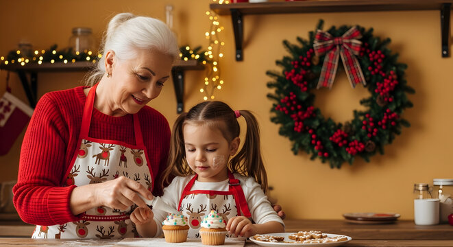 Happy grandmother in reindeer apron teaching granddaughter to decorate Christmas cupcakes with frosting and sprinkles in cozy holiday kitchen