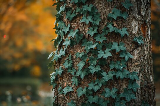 Climbing green ivy (Hedera helix) wrapped around a tree trunk. - Powered by Adobe