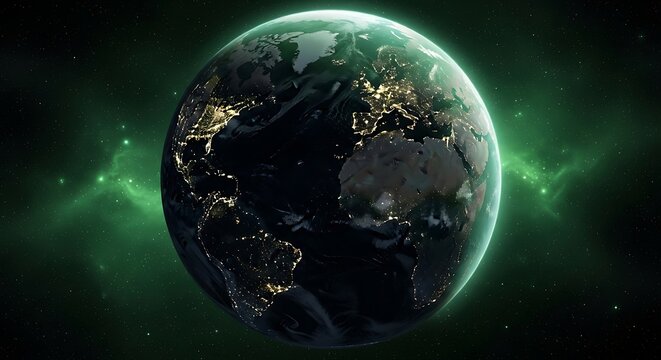 Earth from space with city lights and green nebula background digital illustration