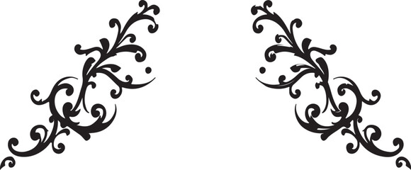 Abstract vector floral design elements featuring ornate black vintage flower and leaf silhouette scroll borders