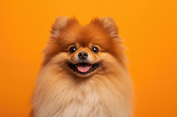 Fototapeta premium Close-up of a Red Pomeranian canine gazing into the lens against a vibrant orange backdrop