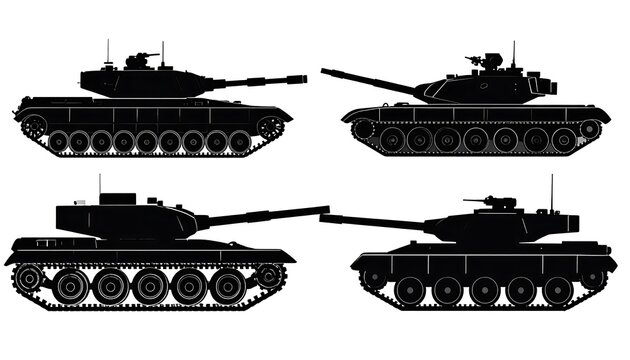 Four black silhouette military tanks