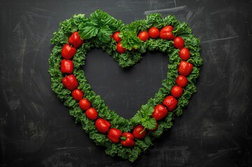 Red and green fruits arranged in a heart form on a blackboard background