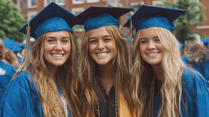 Close-up of three happy young women in blue graduation caps and gowns smiling brightly. Captures academic achievement, friendship, success, and future concepts for education and university themes