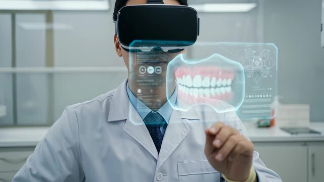Male dentist using virtual reality headset to examine and manipulate 3D dental model in clinic, modern stomatology education footage.