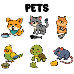 Cute Cartoon Pets Vector Set — Dog, Cat, Hamster, Bird, Turtle & More-animal illustrations