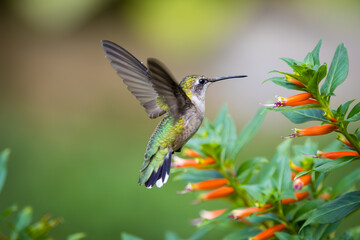 Fototapeta premium Hummingbird Hovering Beside Orange Cuphea Flowers in Garden
