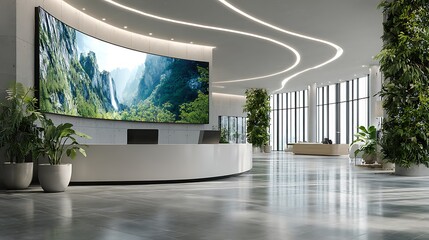 Modern office lobby design with curved led screen reception area and green wall interior design inspiration