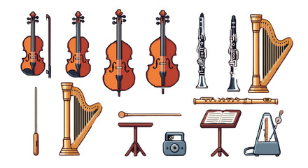 High-quality pixel art collection featuring various classical orchestral musical instruments like violins, clarinets, and harps, perfect for cultural music projects