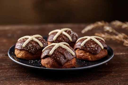 Hot Cross Buns with Easter Chocolate on a Rustic Wooden Surface