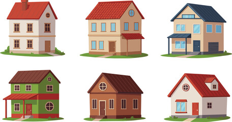 Cartoon residential houses set, modern home exterior illustration, colorful real estate property collection, suburban family architecture vector design