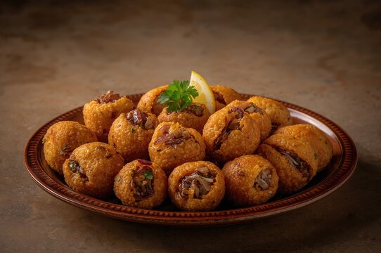 Deep-fried stuffed sausage with spicy rice, herbs, onion, and tomato