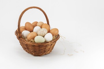 Basket filled with eggs against a white backdrop