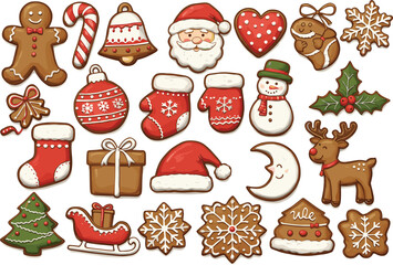 Christmas gingerbread cookies, Santa Claus, snowman, reindeer, tree, mitten, stocking, bell, holiday sweets, festive decoration clipart
