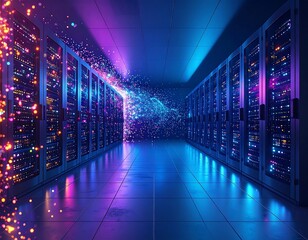 Futuristic server room with vibrant lighting