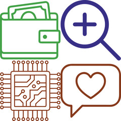 Obraz premium A wallet, zoom in, circuit, and heart icons. Representing concepts related to finance, technology, and social interaction
