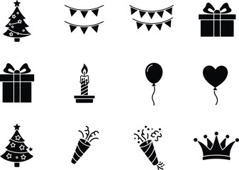 Party and celebration icons, Christmas tree, birthday gift, candle, balloons, crown, confetti, festive decorations, holiday elements