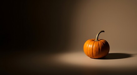 Small orange pumpkin sits illuminated by a spotlight on a beige surface, casting a shadow, creating a moody and dramatic fall aesthetic.