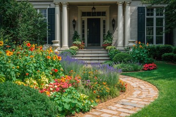 Obraz premium A garden tailored for the home's entrance, focusing on sun-loving plants.