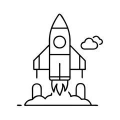 Vector art of simple line art icon of a rocket launching into the sky with clouds