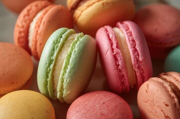 Close-up view of assorted colorful French macarons with textured surfaces