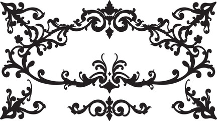 Abstract vector floral design elements featuring ornate black vintage flower and leaf silhouette scroll borders