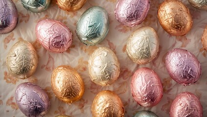 An assortment of foil-wrapped chocolate eggs for Easter