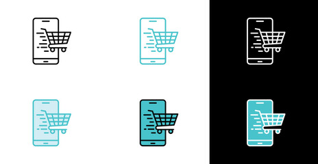 Mobile phone screen shopping cart icon for online purchasing and checkout in line and fill style