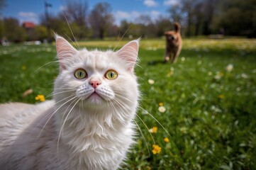 A small feline is frightened by a canine in a public green space under bright sunlight, close-up shot