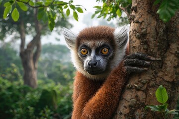 Fototapeta premium A detailed view of a brown lemur peering from behind a tree
