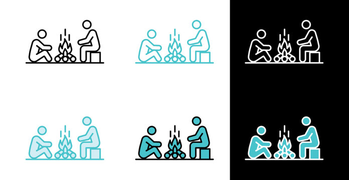People around fire icon for camping and companionship in line and fill style