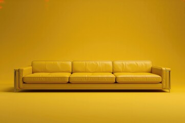 Fototapeta premium A very lengthy yellow leather sofa positioned before a yellow backdrop.