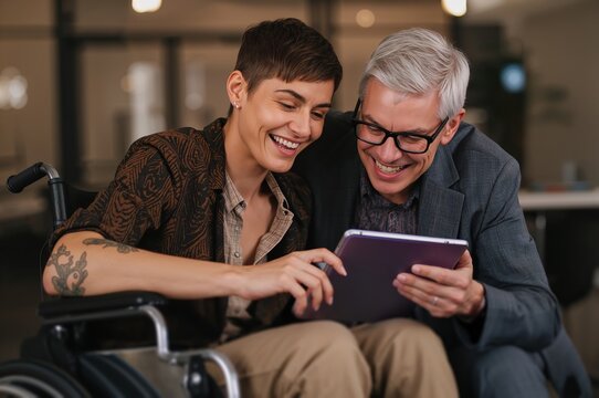 Young professional in wheelchair collaborates warmly with older coworker over digital office tablet