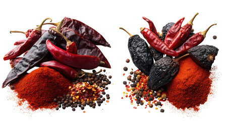 Pile of dried chili peppers and ground spices, isolated on transparent background