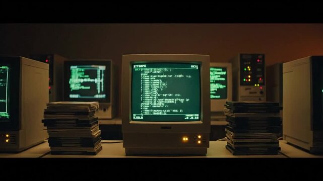 Retro computer setup with vintage monitors displaying green code, reminiscent of old hacking scenes, capturing the essence of early technology era