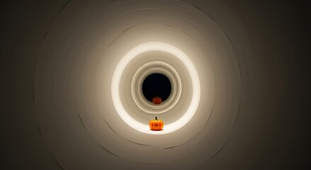 Tiny pumpkin sits alone at the end of a long, winding tunnel, illuminated by a soft light, creating a sense of mystery and isolation.