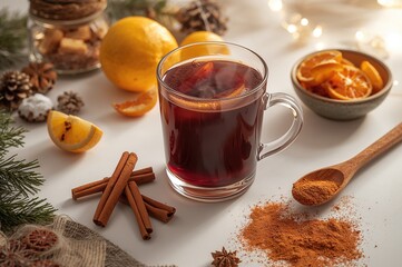 A warm glass of spiced wine surrounded by fresh and dried citrus, cinnamon sticks, and a sprinkle of cinnamon powder.