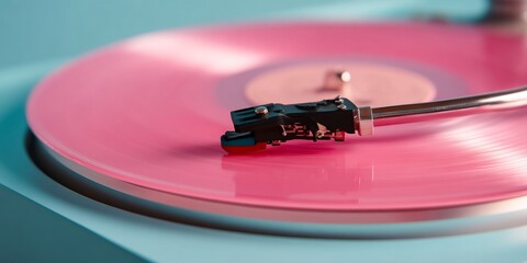 Pink vinyl record pastel blue authentic teaching moment realistic human expressions natural soft lighting shallow DOF cinematic tones photorealistic DSLR photo with 85mm lens professional candid style