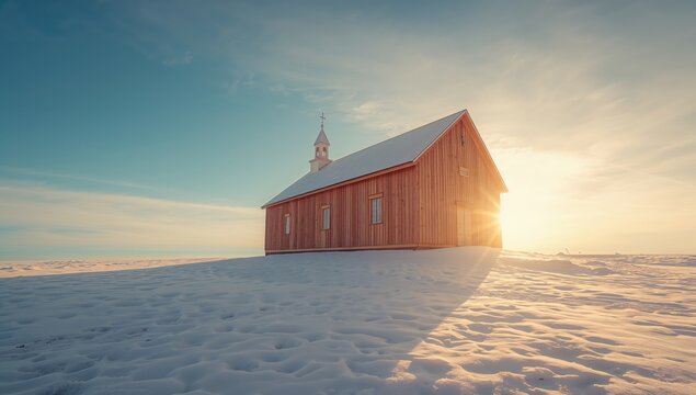 Historic wooden church from 1845 during winter with snow and clear blue skies, captured from the side in a horizontal frame.