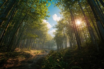 Naklejka premium Summer landscape with bamboo trees, water, and sky