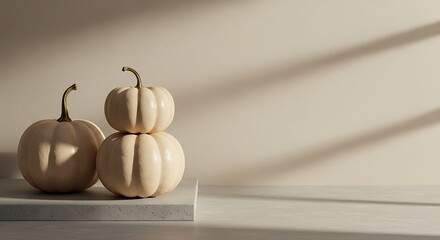 Three white pumpkins stacked on a stone surface are illuminated by sunlight creating shadows on the wall, evoking a sense of minimalist autumn elegance.