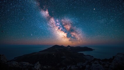 Fototapeta premium Nighttime mountain landscape under a starry Milky Way sky. Wide panoramic vector illustration of nature.
