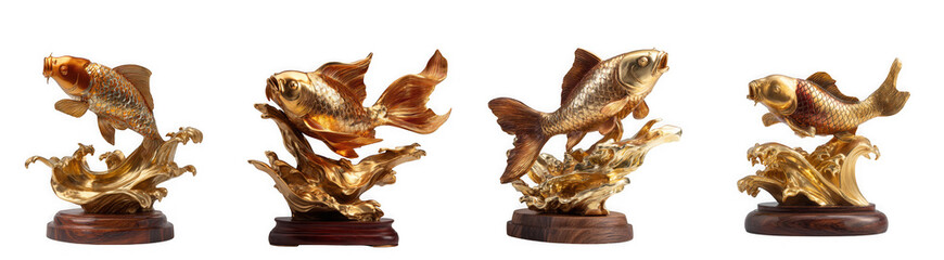 Four golden fish sculptures leaping from water, isolated on transparent background