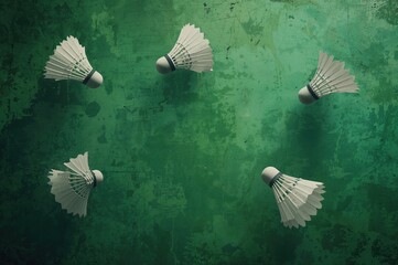 White badminton shuttlecocks arranged on a green textured sports court background