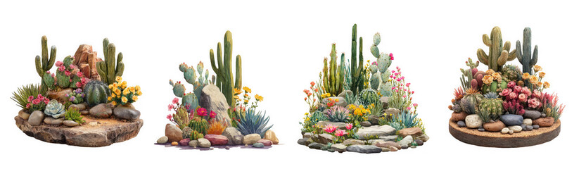 Four small desert succulent arrangements with rocks and sand, isolated on transparent background