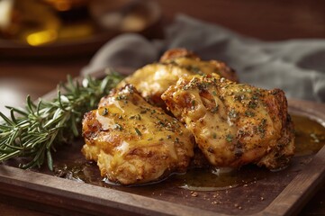 Herb-infused chicken thighs glazed with honey mustard