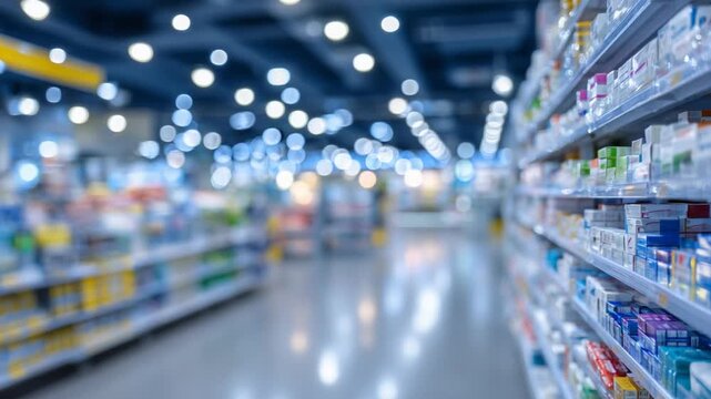 A bright, clinical pharmacy aisle with blurred shelves of prescription and OTC drugs under white fluorescent lighting.