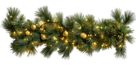 A festive christmas garland with green pine needles, golden baubles, and warm white fairy lights, isolated on transparent background